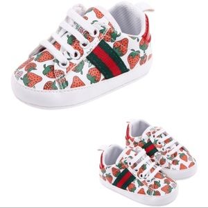Strawberries & Stripes | Soft Bottom Baby Sneakers | Size 3 | 0-6 Months